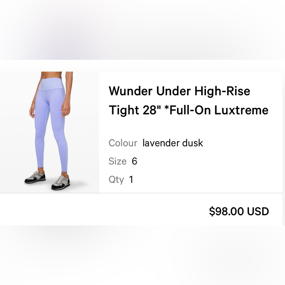 Lululemon leggings wunder under high rise tight 28” size 6